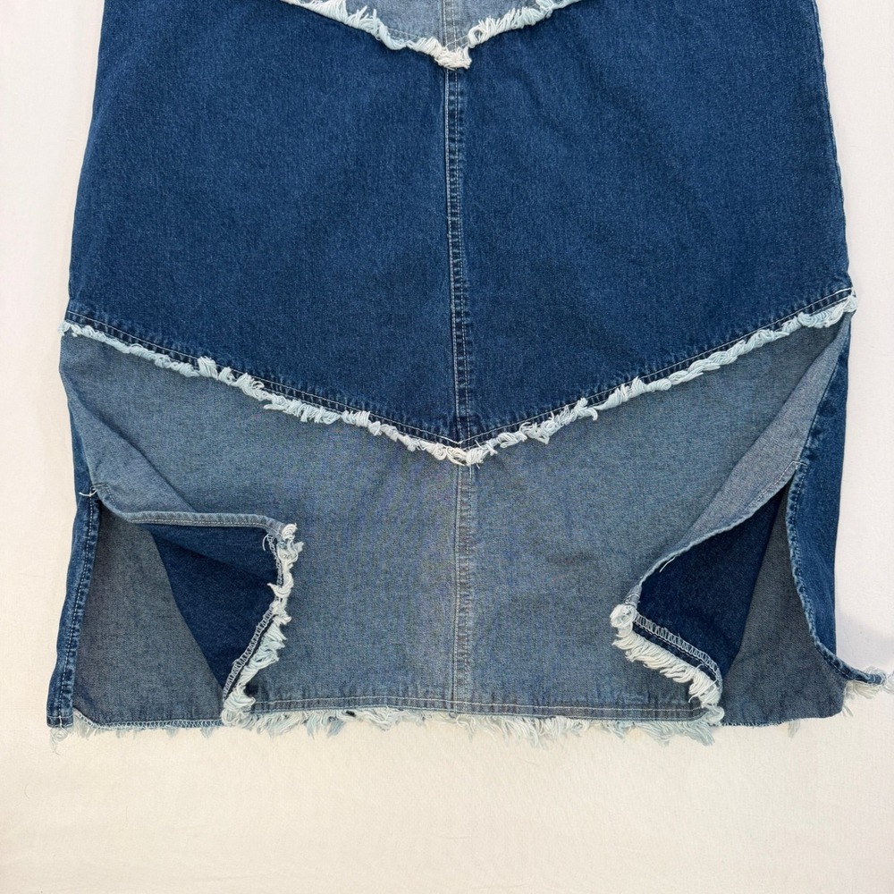 Jazzie Denim Patchwork Midi Dress Womens Medium Blue Frayed Tiered Sleeveless - Picture 12 of 14